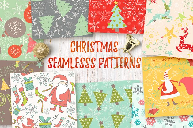 圣诞节元素的无缝背景纹理素材 Christmas Seamless Patterns