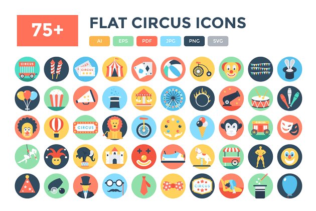 马戏团矢量图标 75+ Flat Circus Vector Icons
