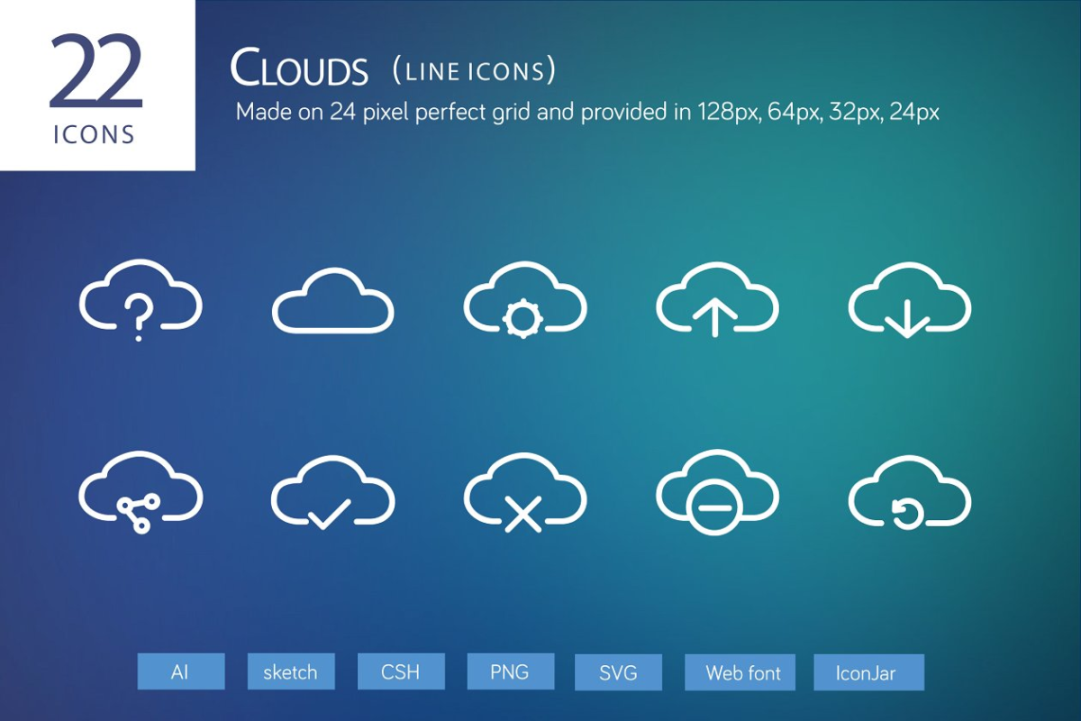 云存储矢量图标素材 22 Clouds Line Icons