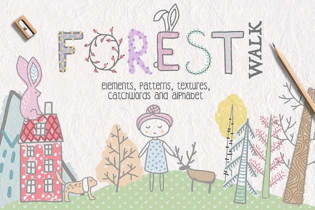 可爱的手绘图形素材 Forest Walk Collection Pro