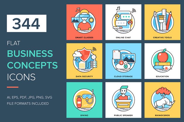 344个平面业务概念图标 344 Flat Business Concepts Icons