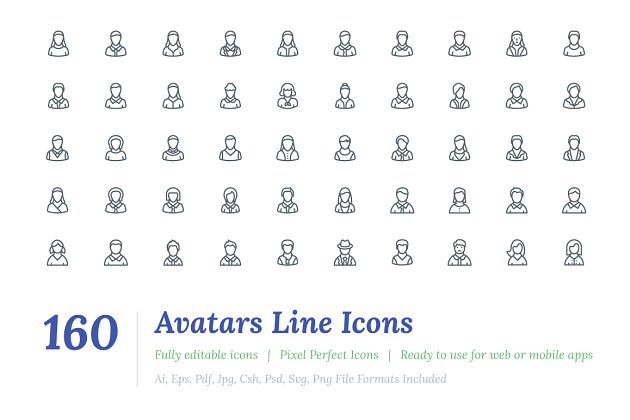 虚拟形象矢量图标素材 160 Avatars Line Icons