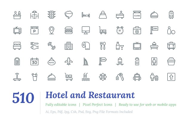 酒店和餐厅的图标素材 510 Hotel and Restaurant Line Icons