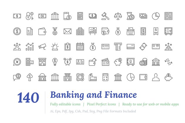 银行和金融行业图标下载 140 Banking and Finance Line Icons