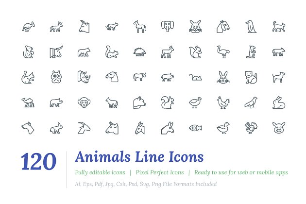 动物矢量图标素材 120 Animals Line Icons