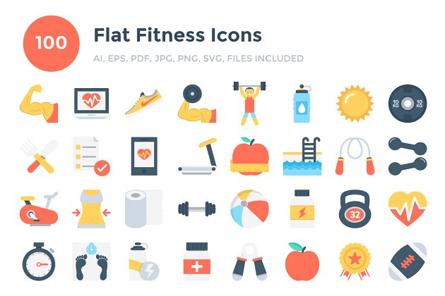 健身APP图标 100 Flat Fitness Icons