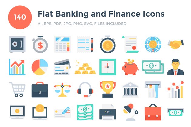 140个扁平化银行金融图标 140 Flat Banking and Finance Icons