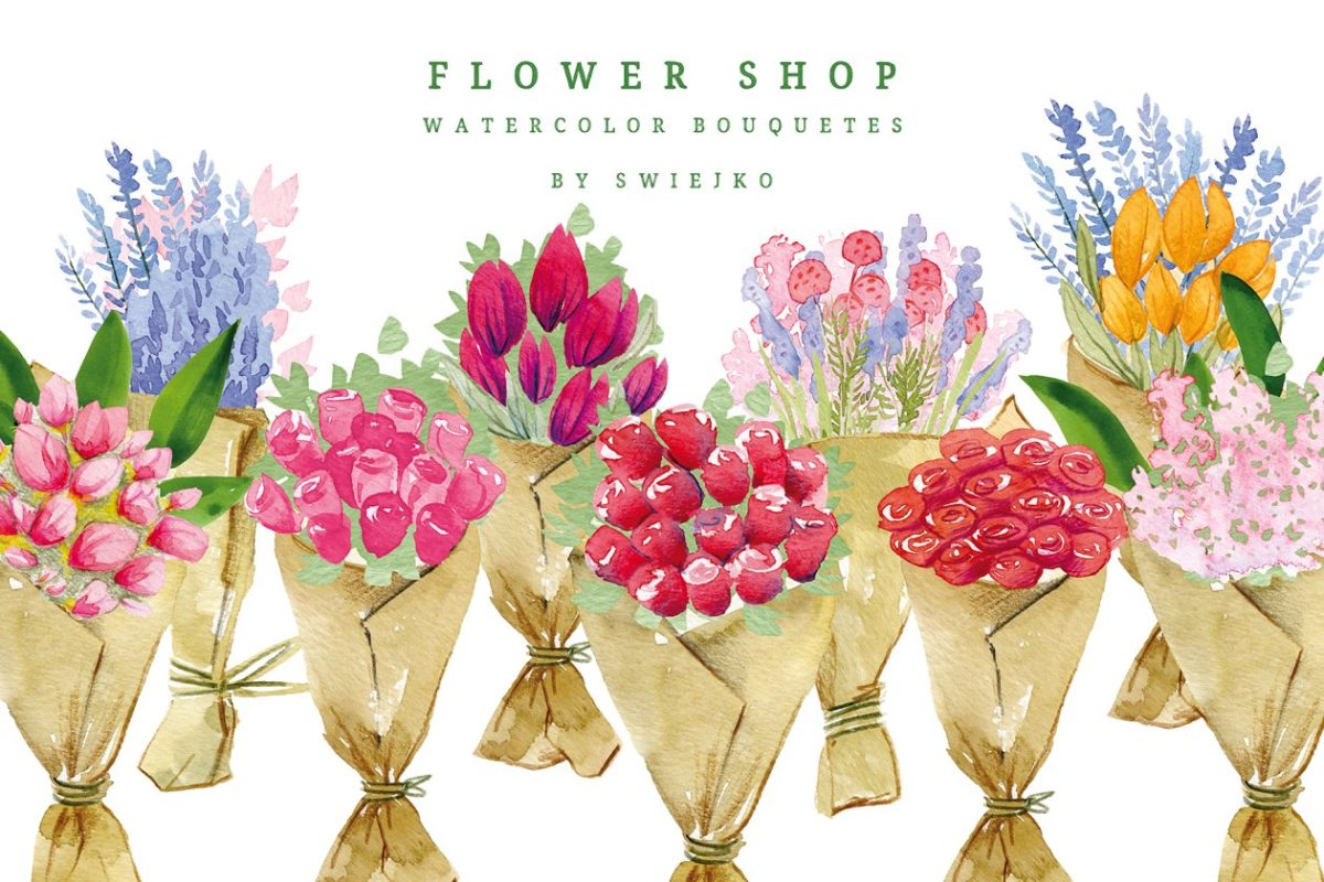 花店花卉水彩图形 Flower Shop, watercolor bouquets