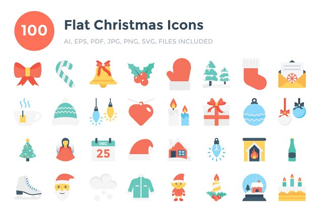 100个扁平化圣诞节图标 100 Flat Christmas Icons
