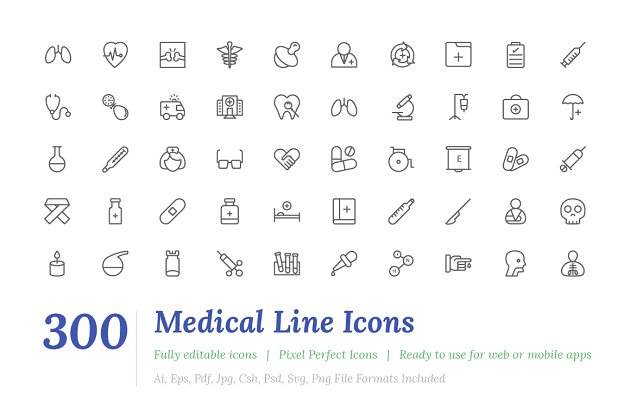 300个医疗相关的线型图标 300 Medical Line Icons