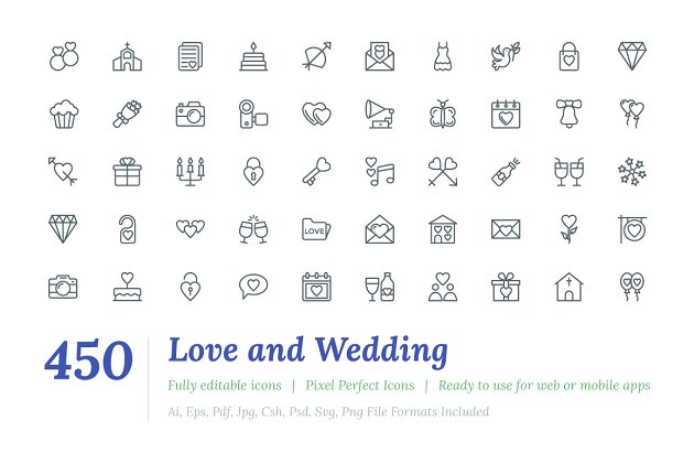 450个婚礼和爱情主题图标 450 Love and Wedding Line Icons