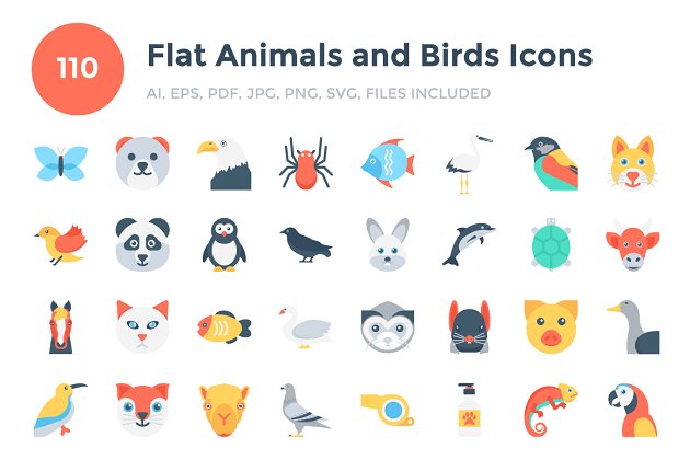 110个扁平化动物和鸟图标 110 Flat Animals and Birds Icons