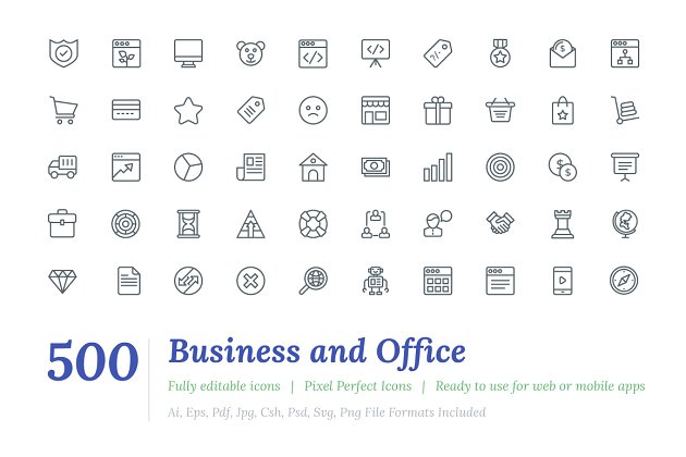 500个商业和办公相关的线型图标 500 Business and Office Line Icons
