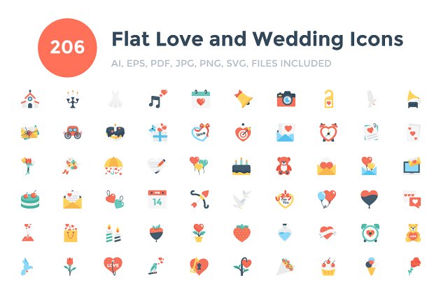 扁平化爱情和婚礼图标下载 206 Flat Love and Wedding Icons