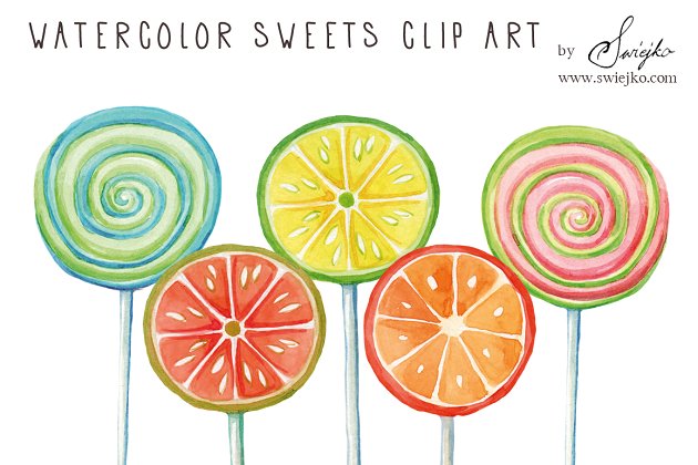 可爱的水彩棒棒糖素材 Watercolor Clip Art,Lollipop
