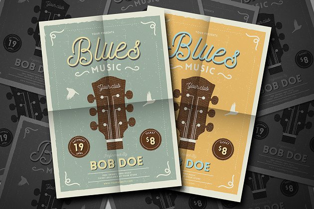 经典的爵士和蓝调海报模板 Vintage Jazz & Blues Guitar Flyer
