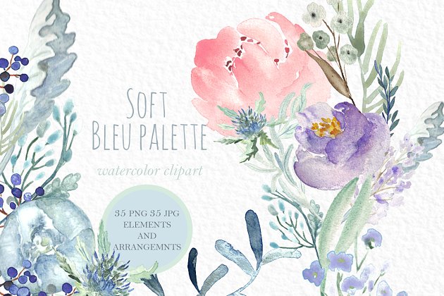 柔软的蓝色牡丹水彩花素材 Soft Blue Peonies Watercolor flowers