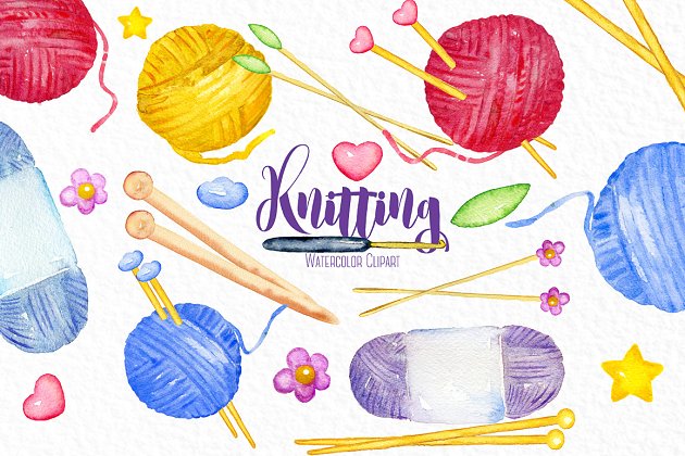 针织毛线球趣味素材 Knittings watercolor clipart