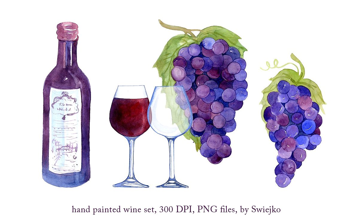 watercolor wine, grapes葡萄酒剪贴画,水彩葡萄园 5张带有红酒瓶,红