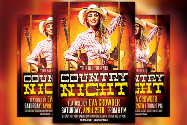 美国西部怀旧乡村音乐海报模版 Western Country Night Flyer Template