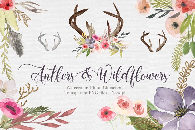 水彩花卉素材 Antlers & flowers Watercolor Clipart