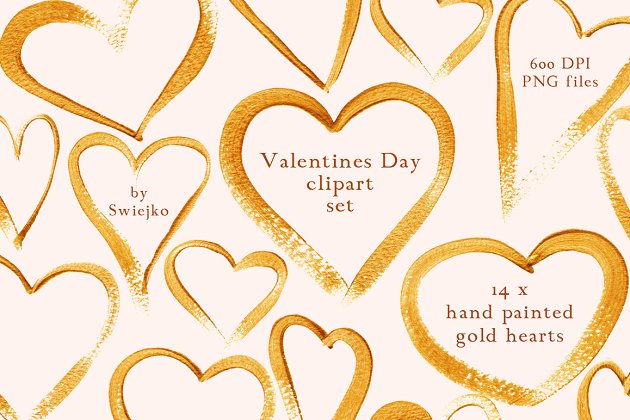 金色爱心情人节插画 Gold Hearts Valentines Day Clipart