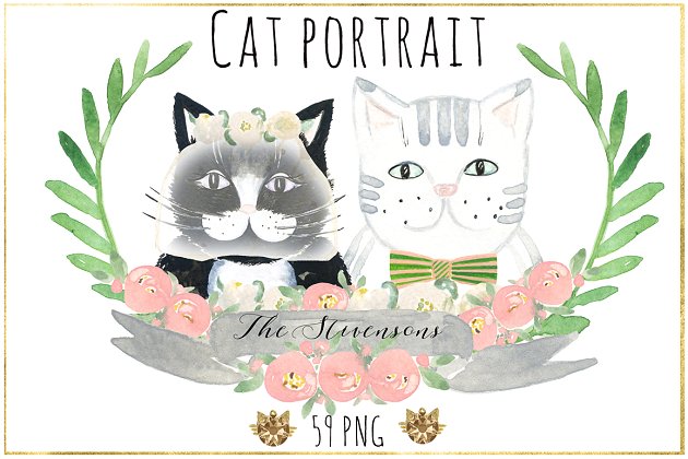 水彩画猫图形 Cat portrait creator. Watercolors.