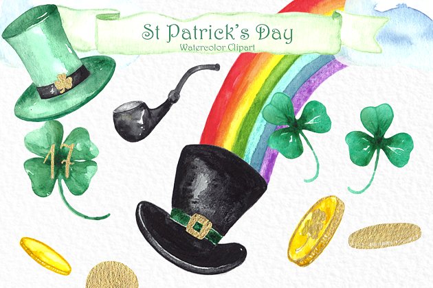 圣帕特里克节素材素材 St Patrick’s day. Watercolor clipart