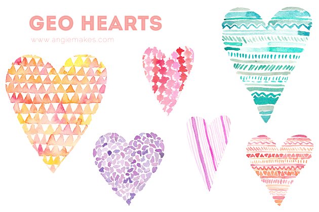 几何爱心图形水彩素材 Geometric Hearts Watercolor Clip Art
