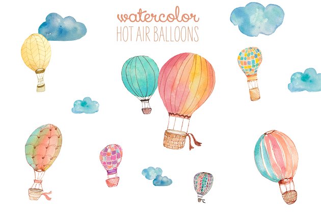 可爱的热气球素材 Watercolor Hot Air Balloons
