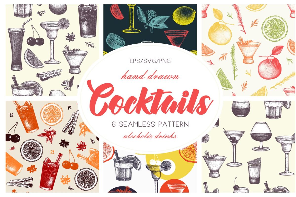 矢量饮料和鸡尾酒模式 Vector Drinks & Cocktails Patterns