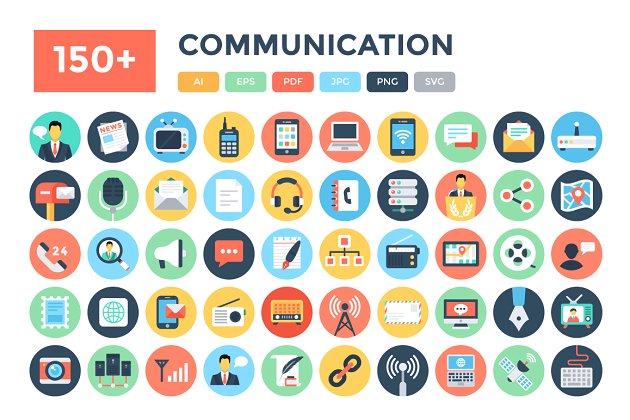 150+平面通讯图标下载 150+ Flat Communication Icons