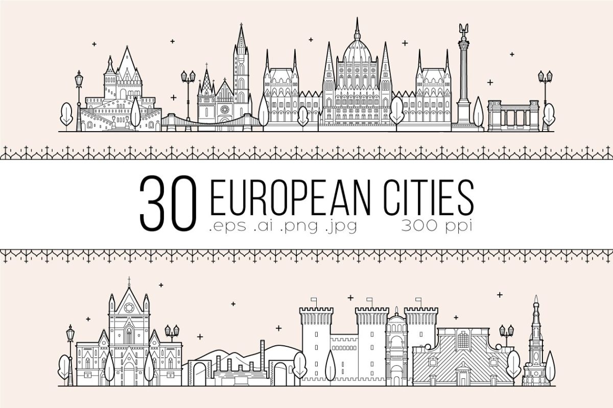 30个欧洲知名城市图形素材 Collection of 30 European cities