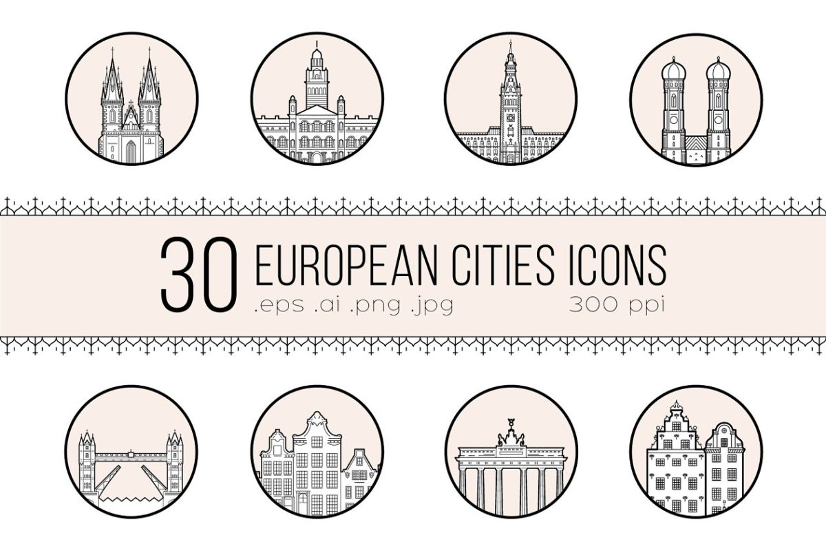 60个欧洲城市名胜建筑图标 Icons of 30 European cities