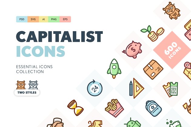 金融资本相关的彩色扁平化图标套装 Capitalist Essential Flat Icons Set
