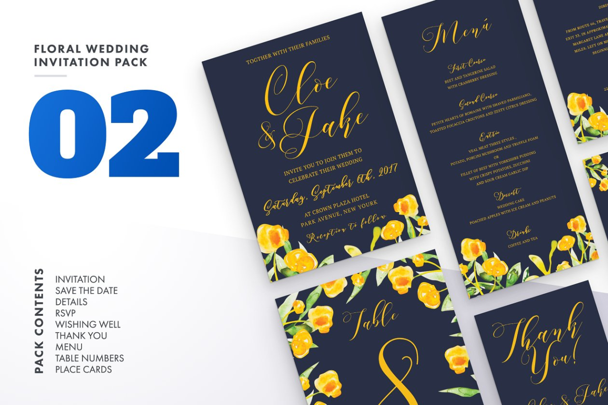 时尚花卉婚礼邀请函模板 Floral Wedding Invitation Set Vol.2