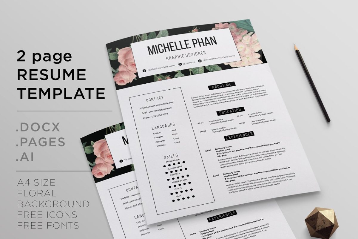 花卉背景纹理的简历模板 2 page resume template