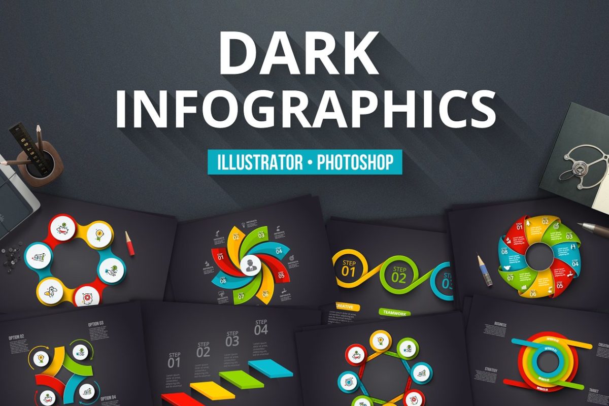 深色信息图标素材 Dark infographics