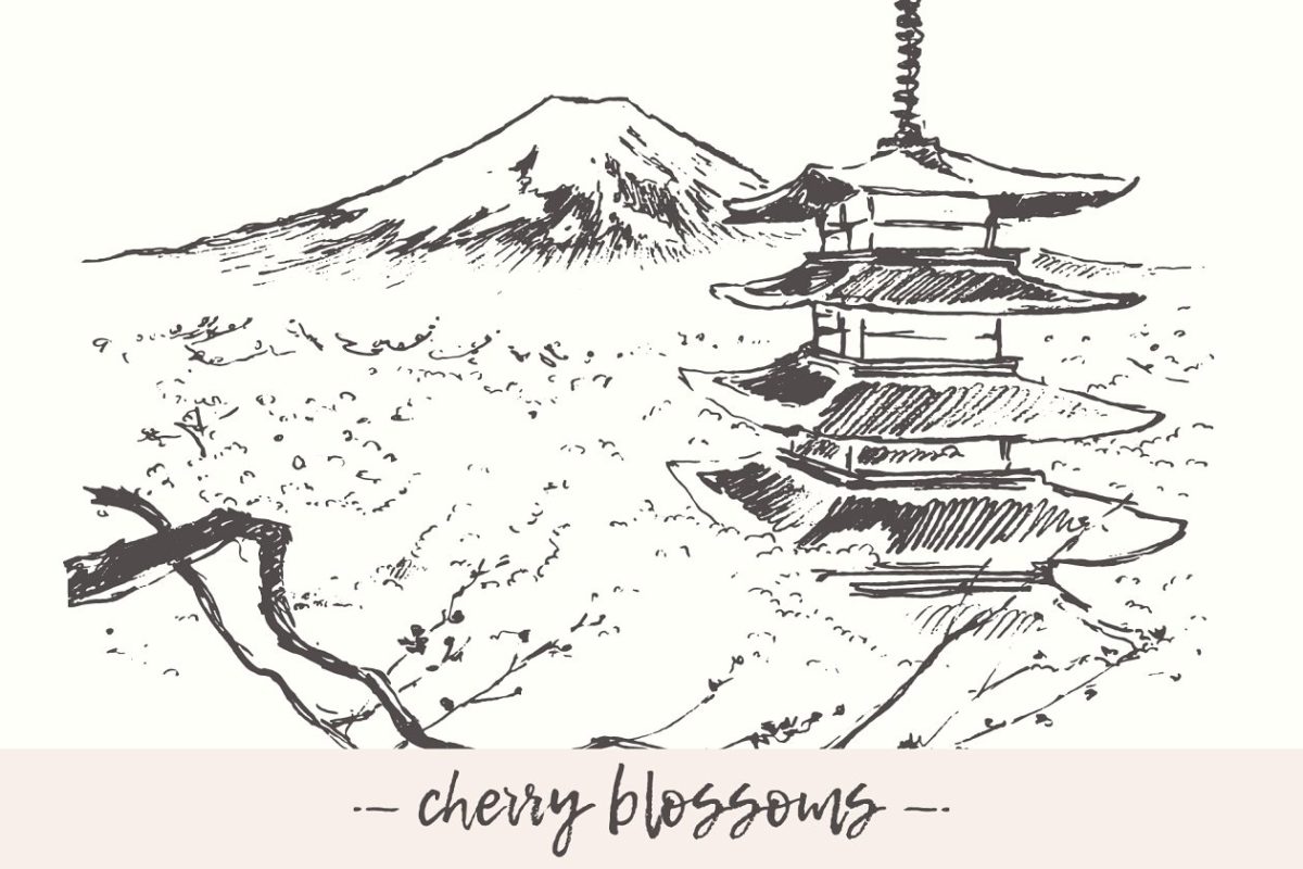 手绘素描插画 Japanese landscape