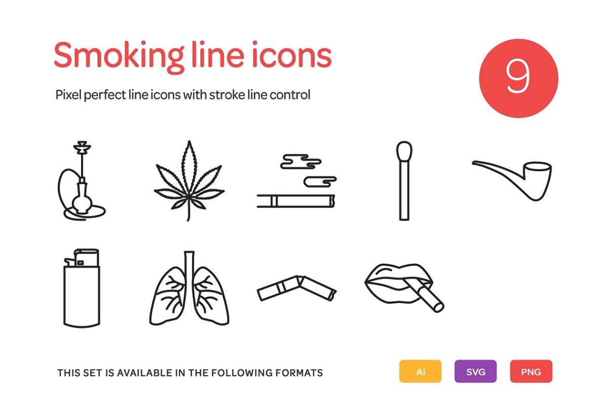 吸烟相关的线型图标 Smoking Line Icons Set