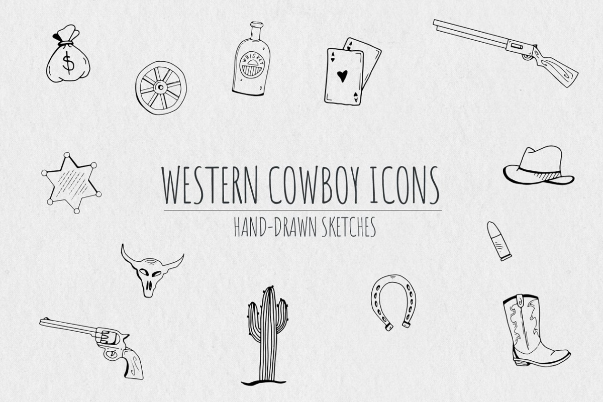 手绘西部牛仔元素图标素材 Hand-Drawn Western Cowboy Icons