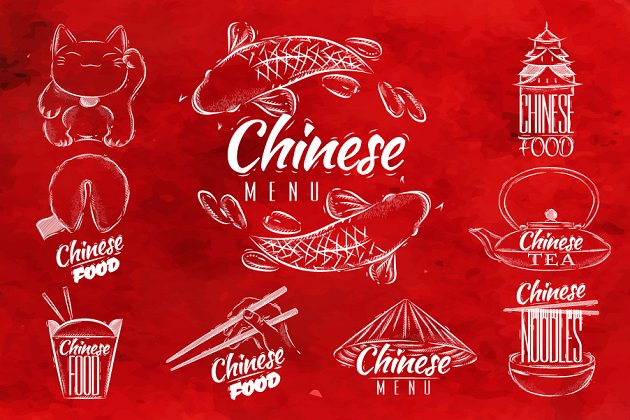 中国美食相关的手绘插画图形素材 Chinese food signs
