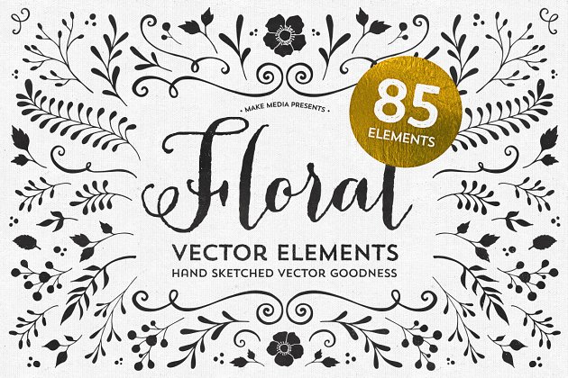 85种金色的手绘背景纹理素材 85 Hand Sketched Floral Vectors