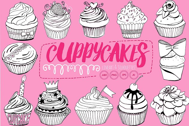 生日蛋糕素材插画 Birthday Cupcake Line Art