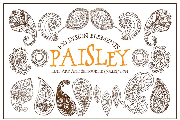 波西米亚艺术线型插图 Boho Paisley Line Art Illustrations