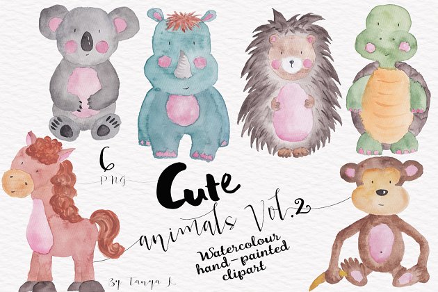 可爱的水彩动物剪贴画 Cute Watercolor animals clipart