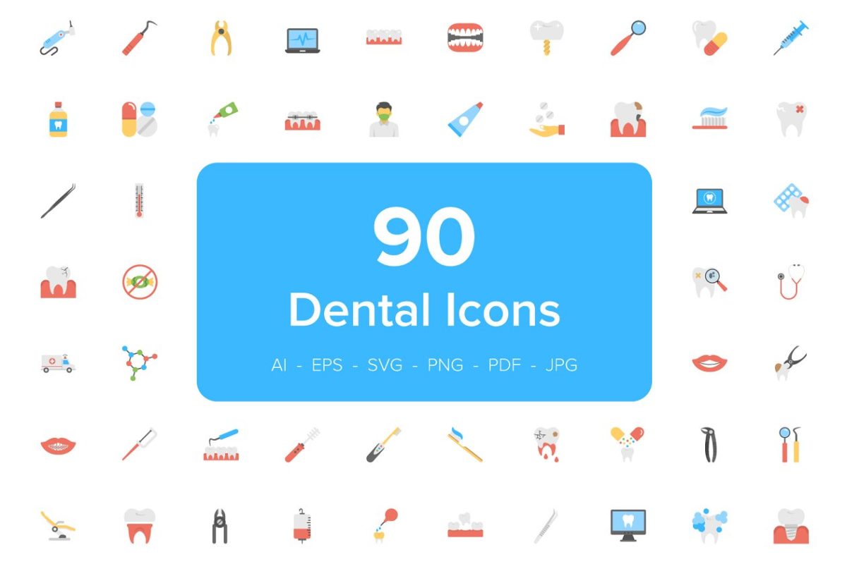 牙科图标素材 90 Dental Flat Vector Icons Set