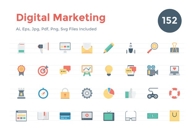 市场营销图标素材 150+ Flat Digital Marketing Icons