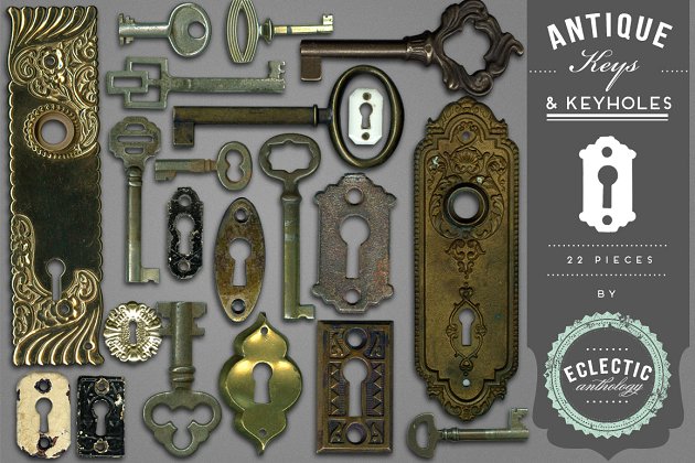 古董钥匙孔之类的素材包 Antique Keys and Keyholes Graphics