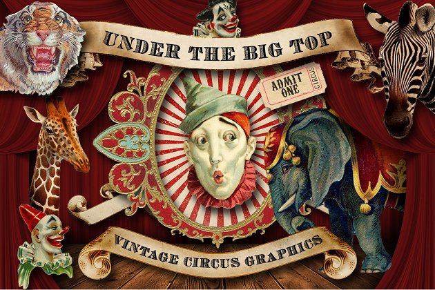 复古的小丑马戏团素材包 Vintage Circus Graphics